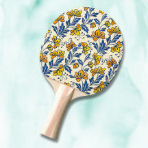Vintage Yellow Orange Folk Floral Blue Leaf