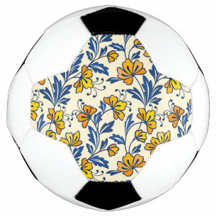 Vintage Yellow Orange Folk Floral Blue Leaf Soccer Ball
