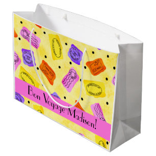 Vintage Yellow Passport Stamps Name Personalised Large Gift Bag