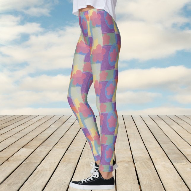 Vintage Yellow Patchwork Pattern Yoga Leggings (Vintage Yellow Patch Pattern Leggings)