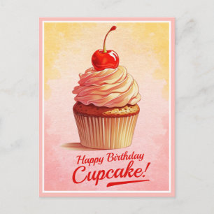 Vintage Yellow Pink Cherry Cupcake Birthday Card