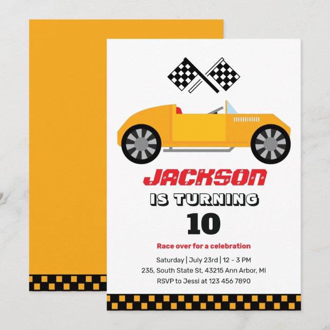 Vintage Yellow Race Car Kids Boys Birthday Invitation (Front/Back)