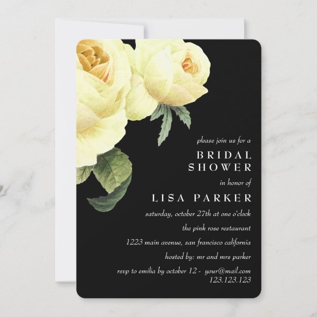Vintage Yellow Rose Black Bridal Shower Wedding Invitation (Front)