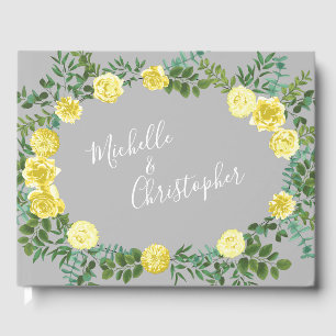 Vintage Yellow Rose Floral Wedding Grey Guest Book