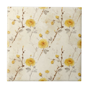 Vintage Yellow Rose Pattern with Grey Foliage Tile
