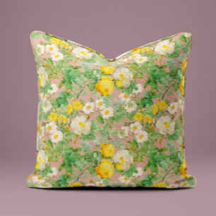 Vintage Yellow Rose Pillow in Soft Pink