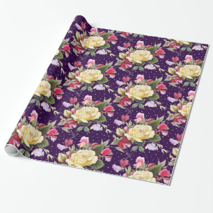 Vintage Yellow Rose Pink Sweet Pea Bouquet Purple Wrapping Paper