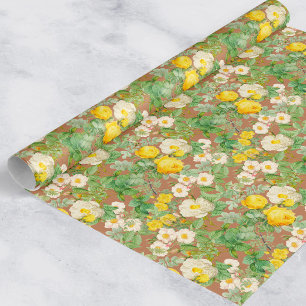Vintage Yellow Rose Wrapping Paper on Warm Blush B