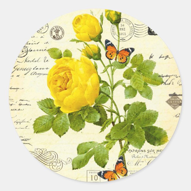 vintage yellow roses classic round sticker (Front)