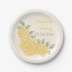 Vintage yellow roses floral wedding paper plate