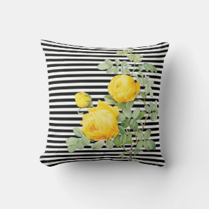 Vintage Yellow Roses on Black and White Stripes Cushion