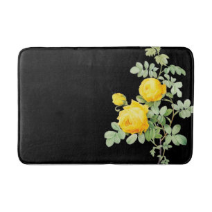 Vintage Yellow Roses on Black Bath Mat
