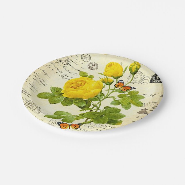 vintage yellow roses paper plate (Angled)