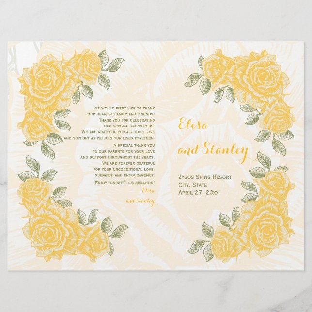 Vintage yellow roses wedding folded program (Front)