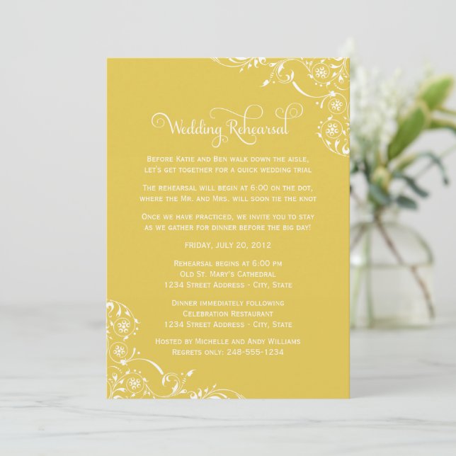 Vintage Yellow Scroll Wedding Rehearsal and Dinner Invitation (Standing Front)