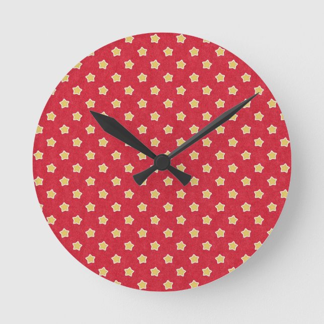 Vintage Yellow Stars on Red Pattern Round Clock (Front)