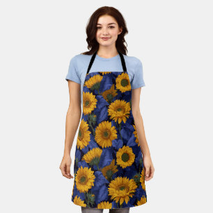 Vintage Yellow Sunflower Blue Floral Pattern Apron