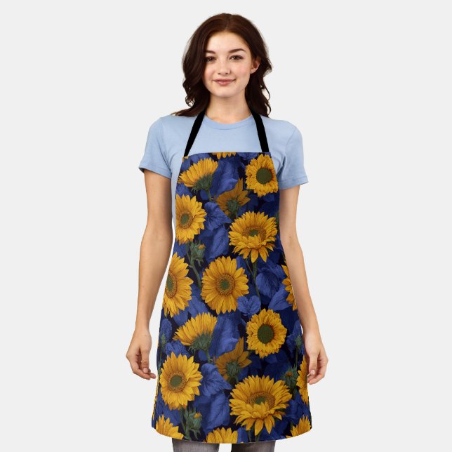 Vintage Yellow Sunflower Blue Floral Pattern Apron (Worn)