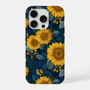 Vintage Yellow Sunflower Blue Floral Pattern iPhone 15 Pro Case