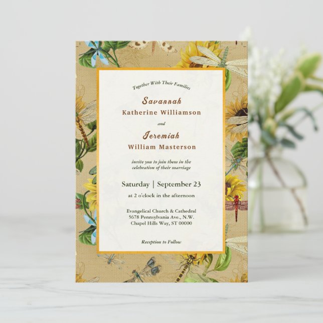 Vintage Yellow Sunflower Dragonflies Wedding Invitation (Standing Front)