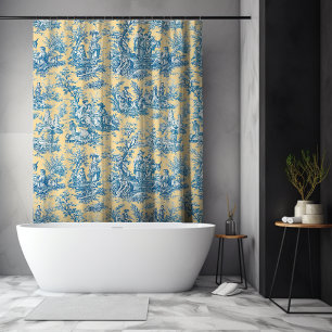 Vintage Yellow Teal Toile de Jouy French Shower Curtain