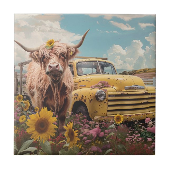 Vintage Yellow Truck Highland Cow Sunflowers Tile (Front)