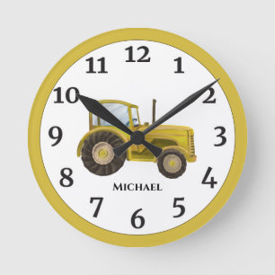 Vintage Yellow Watercolor Farm Tractor   Round Clock