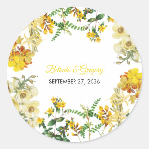 Vintage Yellow Watercolor Floral Botanical Wedding Classic Round Sticker
