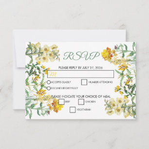 Vintage Yellow Watercolor Floral Botanical Wedding RSVP Card