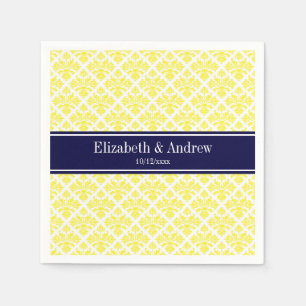 Vintage Yellow Wht Damask #3 Navy Name Monogram Napkin