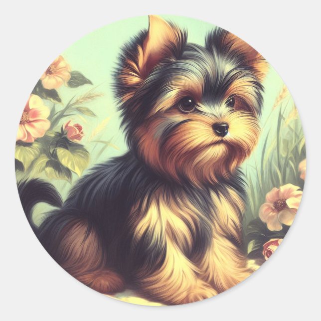 Vintage Yorkshire Terrier Painting Classic Round Sticker (Front)