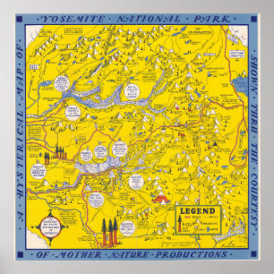 Vintage Yosemite National Park California Map 1948 Poster