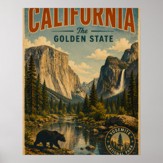 Vintage Yosemite National Park Landscape with Bear Poster