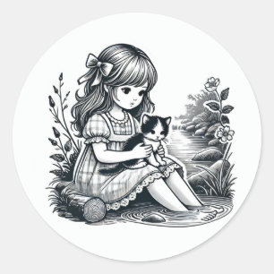Vintage Young Girl with Kitten on Her Lap Classic Round Sticker