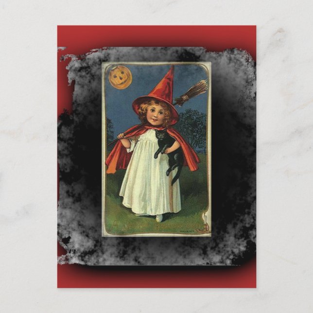Vintage Young Halloween Witch Postcard (Front)