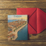 Vintage Zadar Croatia Adriatic Coast Illustration Postcard<br><div class="desc">Capture the timeless beauty of the Dalmatian Coast with this stunning vintage-style postcard of Zadar, Croatia. This artwork features a breathtaking aerial perspective of the historic Old Town, highlighting the iconic St. Donatus Church and the sun-drenched Riva promenade. Rendered in a classic mid-century travel poster aesthetic with warm Mediterranean tones,...</div>
