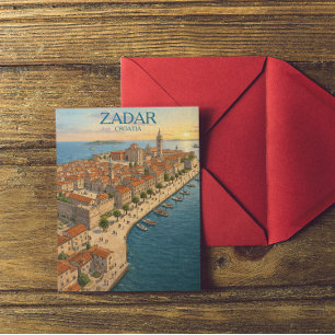Vintage Zadar Croatia Adriatic Coast Illustration Postcard