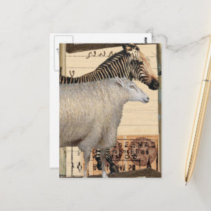 Vintage Zebra and Sheep Mixed Media Collage Postcard