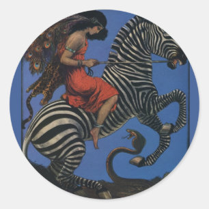 Vintage Zebra Art Nouveau Woman Life 1922 Classic Round Sticker