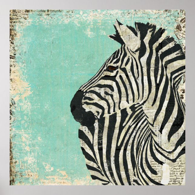 Vintage Zebra Blue Art Poster (Front)