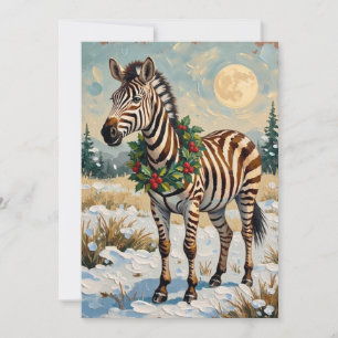 Vintage Zebra in Snowy Christmas Field Holiday Card
