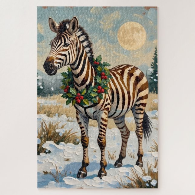 Vintage Zebra in Snowy Christmas Field Jigsaw Puzzle (Vertical)