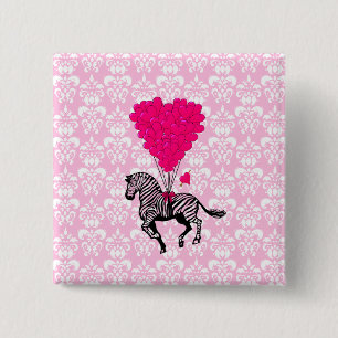 Vintage zebra & pink  heart balloons 15 cm square badge