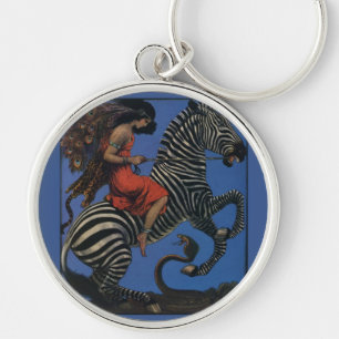 Vintage Zebra with Art Nouveau Woman Print Key Ring