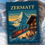 Vintage Zermatt Switzerland Matterhorn Ski Chalet Postcard<br><div class="desc">Dream of Winter in the stunning Swiss Alps with this vintage style Zermatt Switzerland postcard. Featuring a classic travel poster design, this landscape postcard showcases a scenic train pulling up to a cosy ski chalet, with the iconic Matterhorn towering in the background. For lovers of Swiss travel, vintage posters, and...</div>