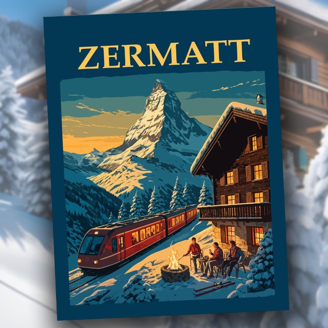 Vintage Zermatt Switzerland Matterhorn Ski Chalet Postcard (Vintage Zermatt Switzerland classic luxury train travel postcard w/ Matterhorn landscape, ski chalet)
