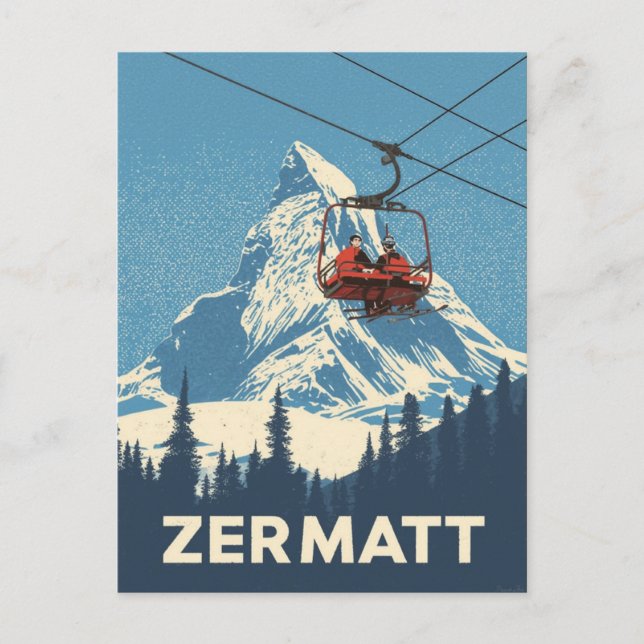 Vintage Zermatt Switzerland Ski Travel Postcard (Front)