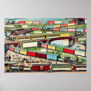 Vintage Zig-zag Passenger and Freight Train Travel Poster