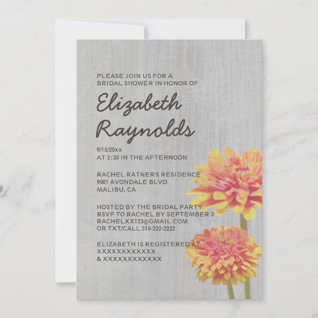 Vintage Zinnia Bridal Shower Invitations (Front)