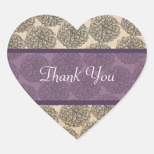 Vintage Zinnia Thank You Stickers, Purple Heart Sticker (Front)